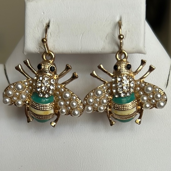 Gold, Enamel, Crystal & Faux Pearl Bee  Earrings - Picture 1 of 4